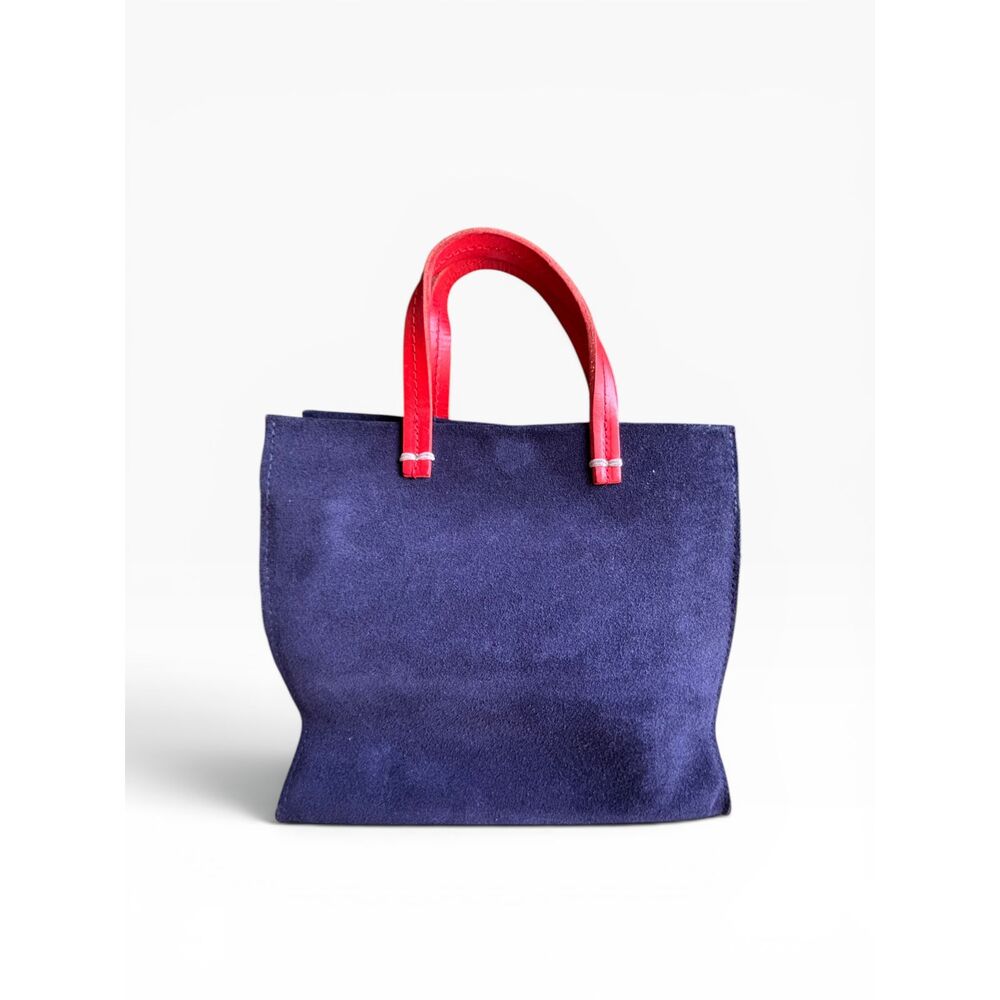 Clare V. Petite Simple Tote Navy Suede Red Leather Handles
